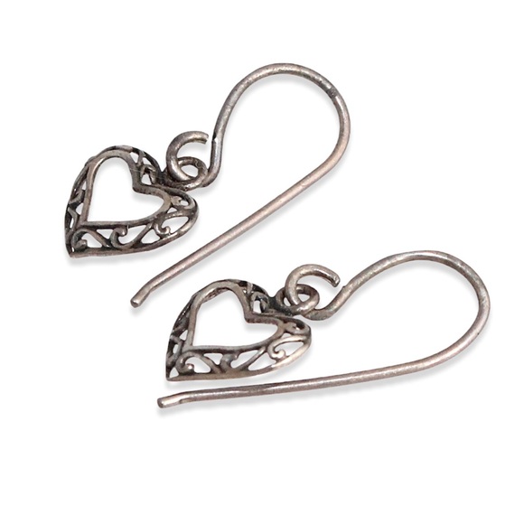 Vintage Sterling Silver Open Heart Dangle Earrings Ornate Filigree Openwork - Picture 2 of 3